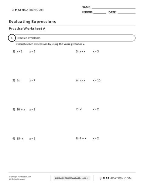 evaluate the expression free worksheet